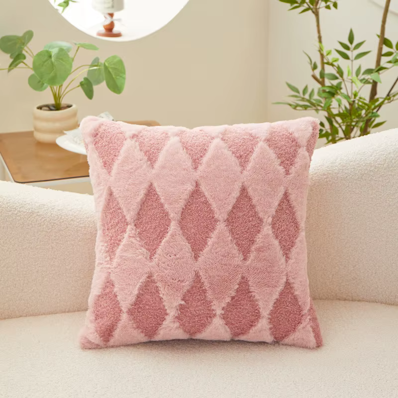 Housse de coussin décorative style luxe, motif damier, super douce, en fausse fourrure jacquard, pou