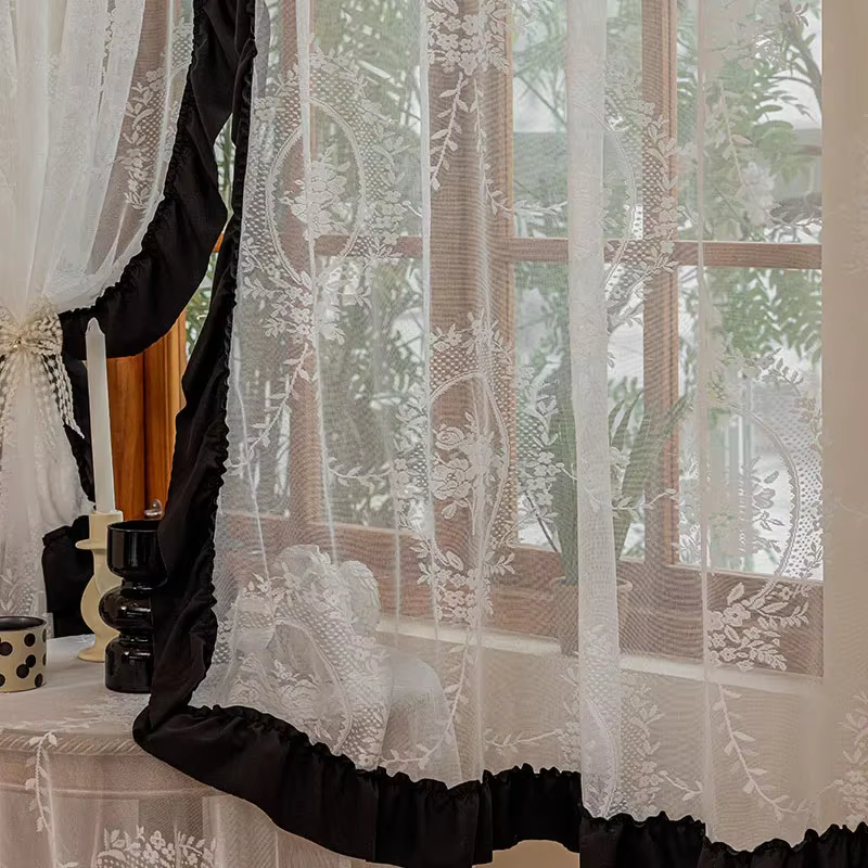 Rideau en tulle jacquard de fleurs blanches coréennes, voile transparent en dentelle à volants noirs