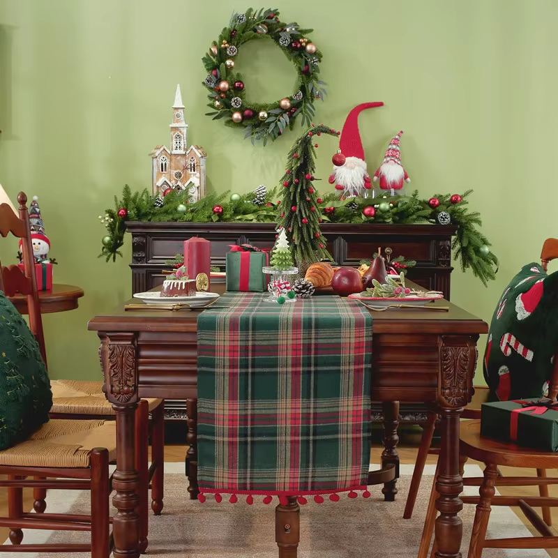 Chemin de Table de noël à carreaux vert et rouge, chemins de Table de vacances d'hiver, décoration d