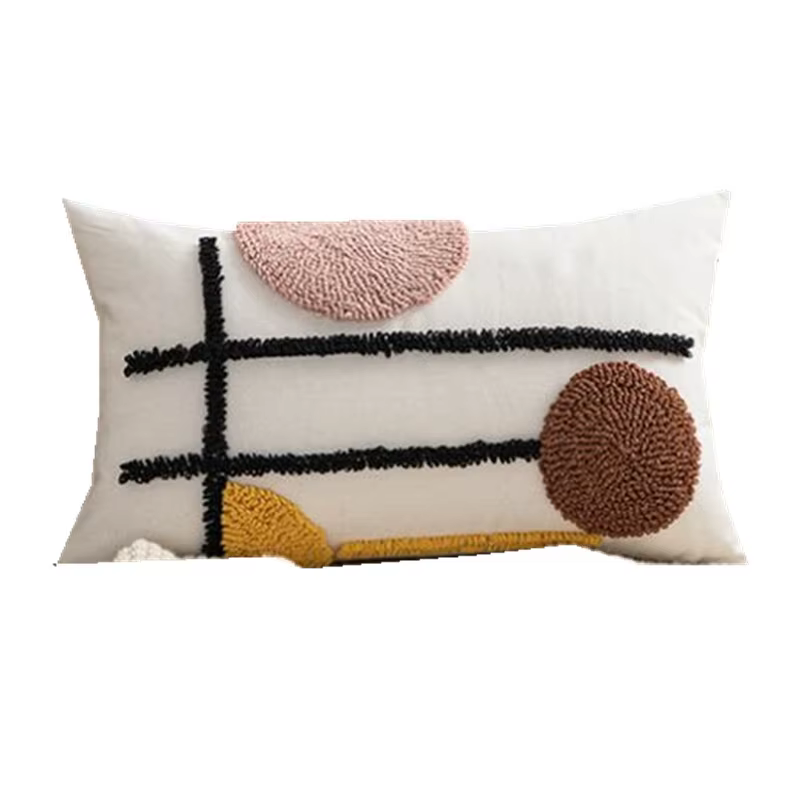 Juste de coussin brodée géométrique avec pompon, taie d'oreiller Boho Ethnic, beige, décoration de l