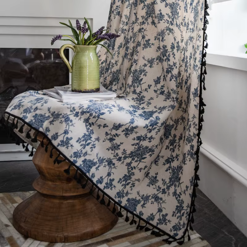 Rideaux en lin et coton à fleurs, rideaux de campagne à motifs floraux de ferme Vintage, poche pour 