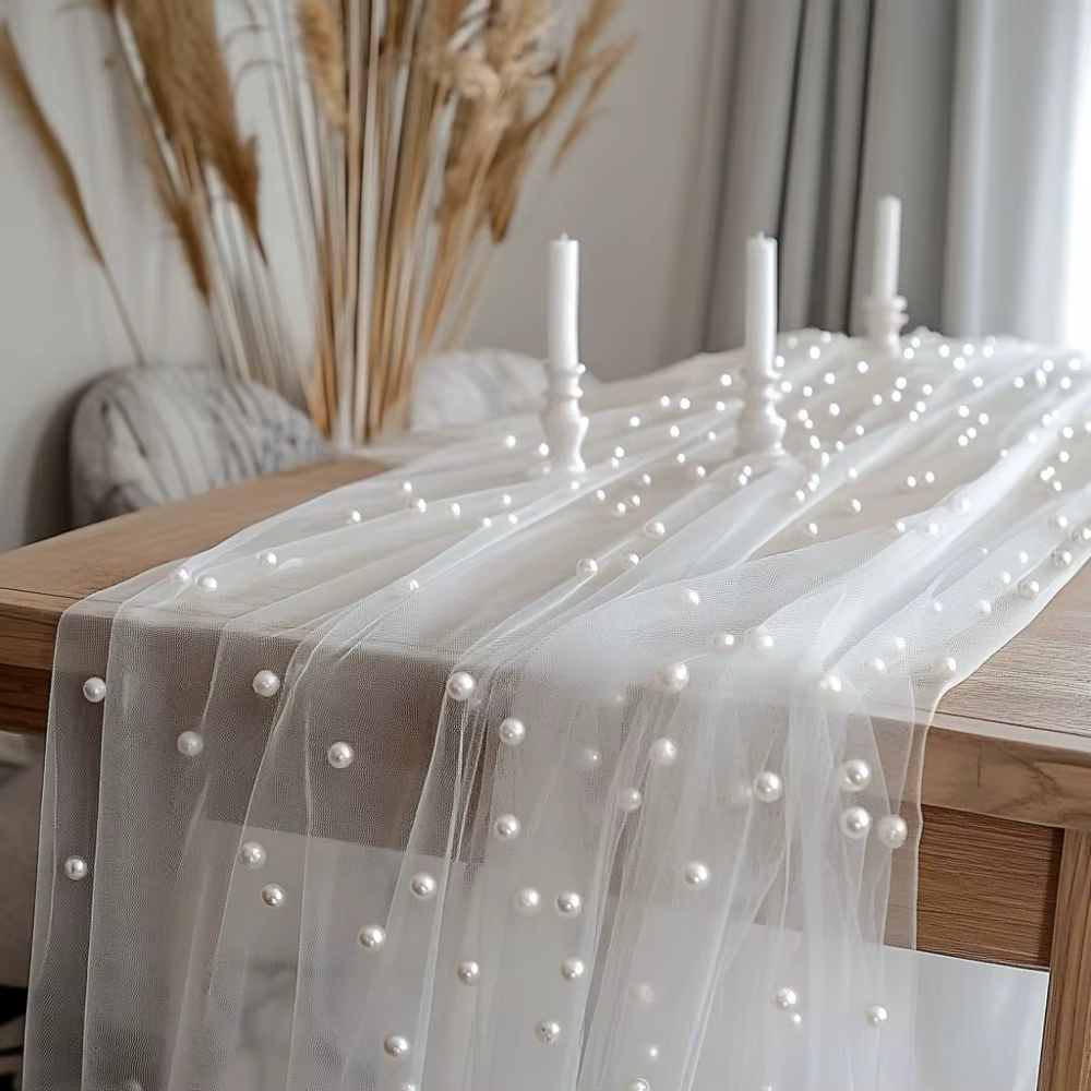 Chemin de Table en mousseline de soie perlée 80x300cm, nappe en maille de gaze Semi-transparente pou