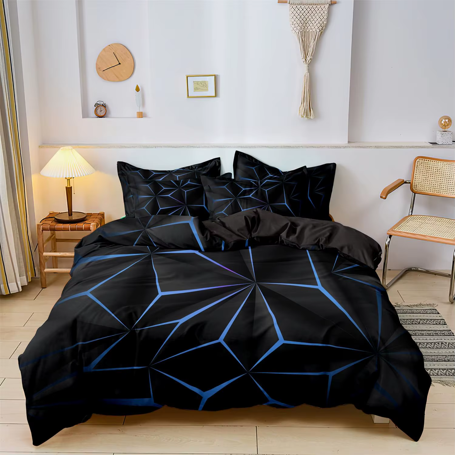 Ensemble de housse de couette imprimé géométrique bleu et noir, ensemble de literie personnalisé à c