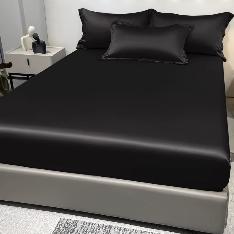 1 drap-housse en Satin de couleur unie, couvre-lit en soie glacée de couleur unie pour chambre à cou