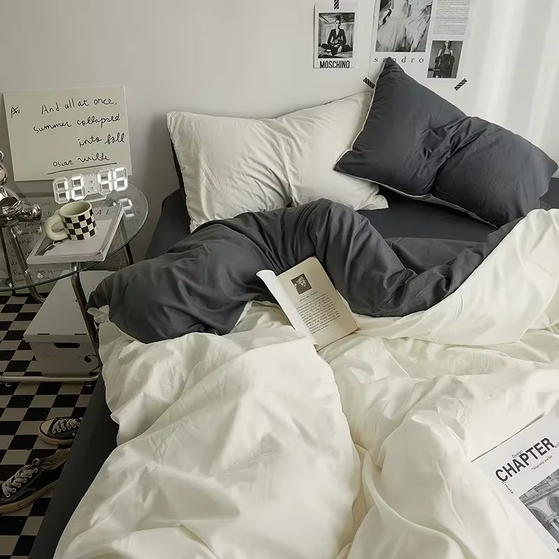 Literie en coton Double lavé de couleur unie de haute qualité, ensemble de 4 pièces, linge de lit po