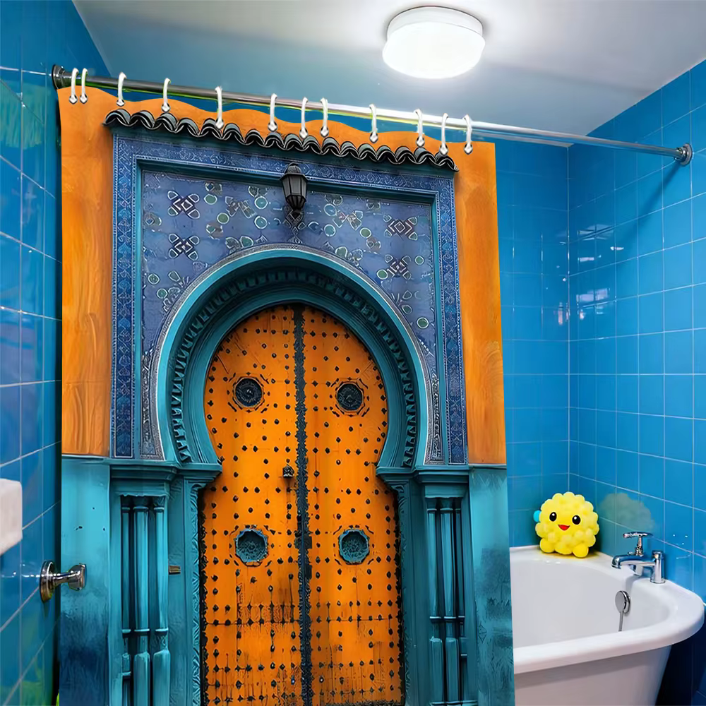 Rideau de douche à motif de porte florale, rideau imperméable de douche de salle de bain avec 12 cro