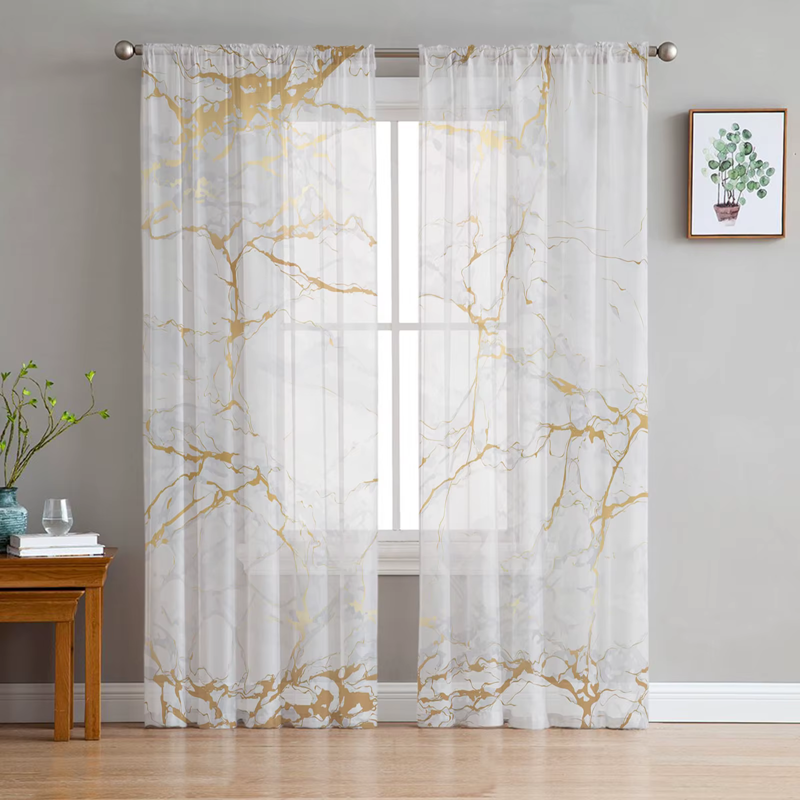 Rideau de fenêtre en mousseline de soie transparent en marbre, tulle pour salon, décoration de trait