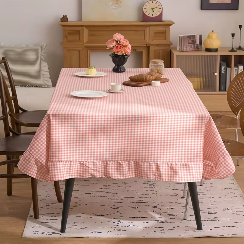 Nappe à carreaux gingham style ferme avec volants, rose/jaune/vert, pour salle à manger, pique-nique