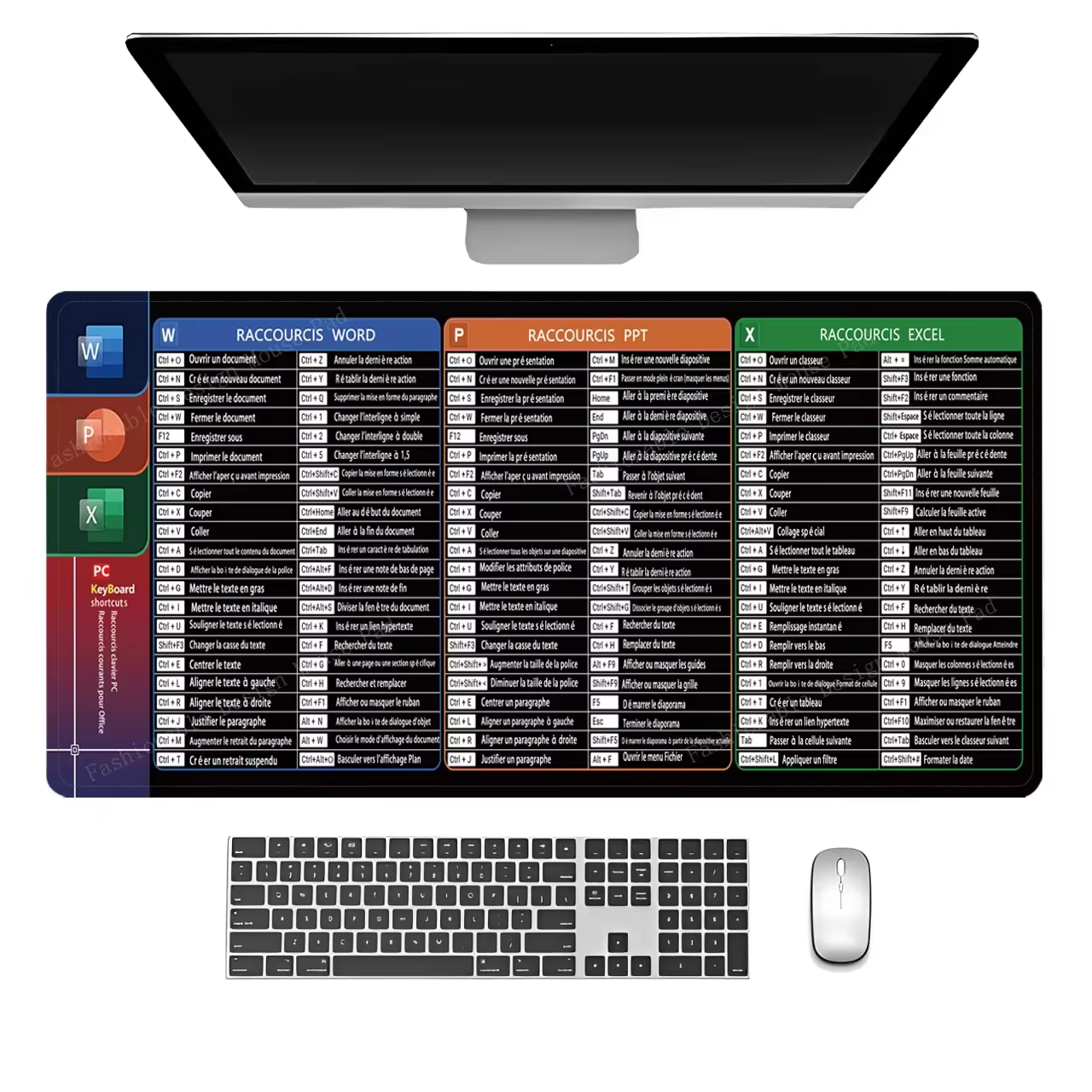 Tapis de Souris de Bureau en Cuir PU avec Raccourcis Clavier pour Microsoft Excel, Word, PowerPoint,