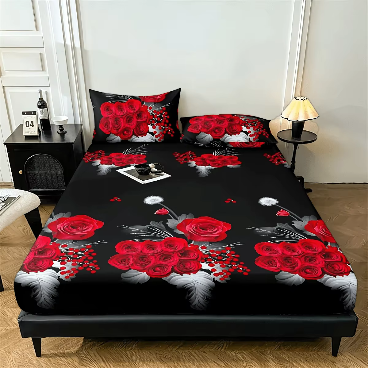 Parure de draps ajustés Rose Rouge Romantique - Literie douce et agréable pour la peau, résistante a