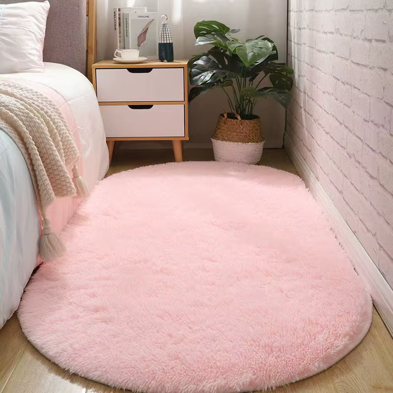 Tapis ovale moelleux de luxe adapté à la chambre à coucher, au salon – Pile en peluche douce, neutre