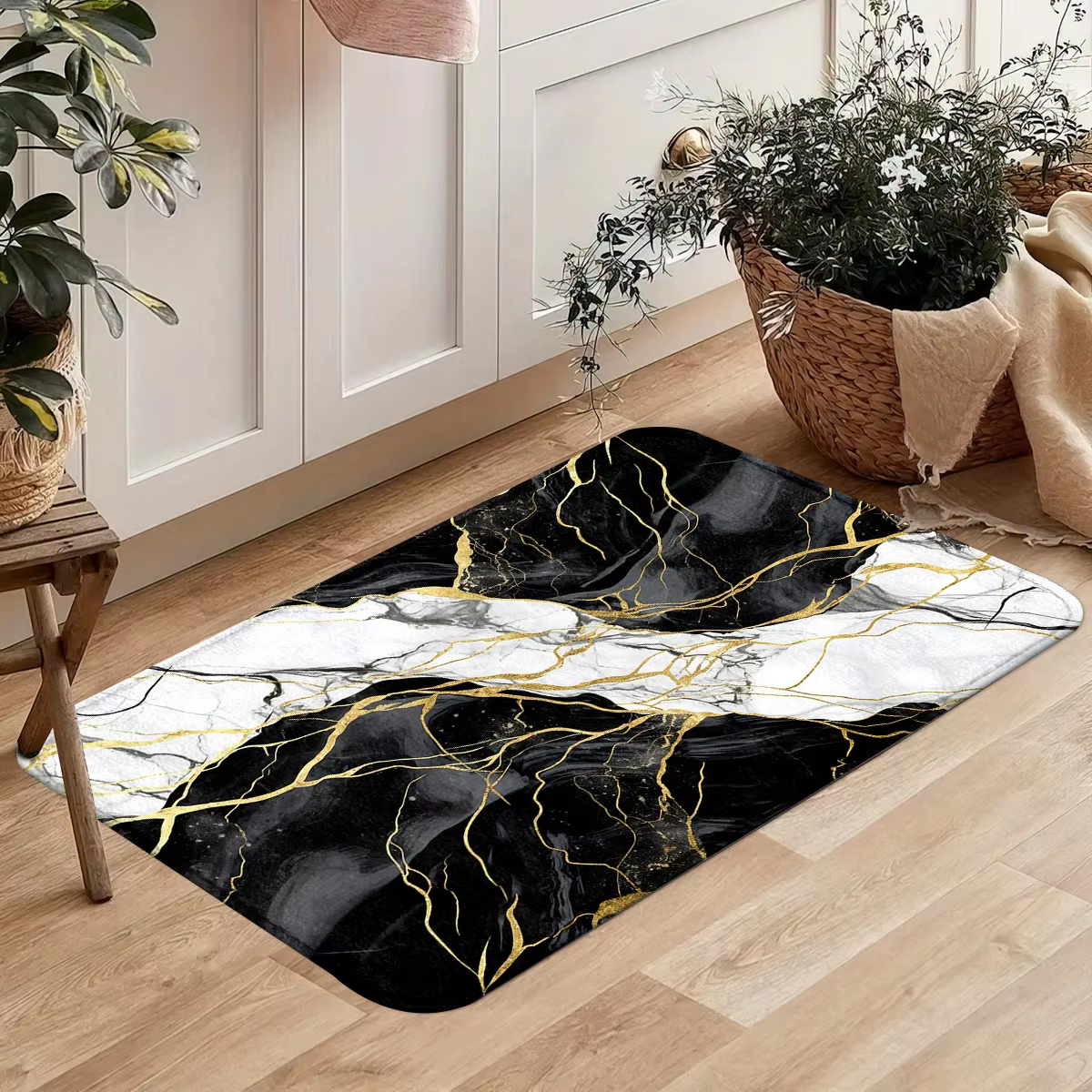 Tapis de cuisine à motif marbré blanc, noir et doré, en polyester, antidérapant et lavable en machin