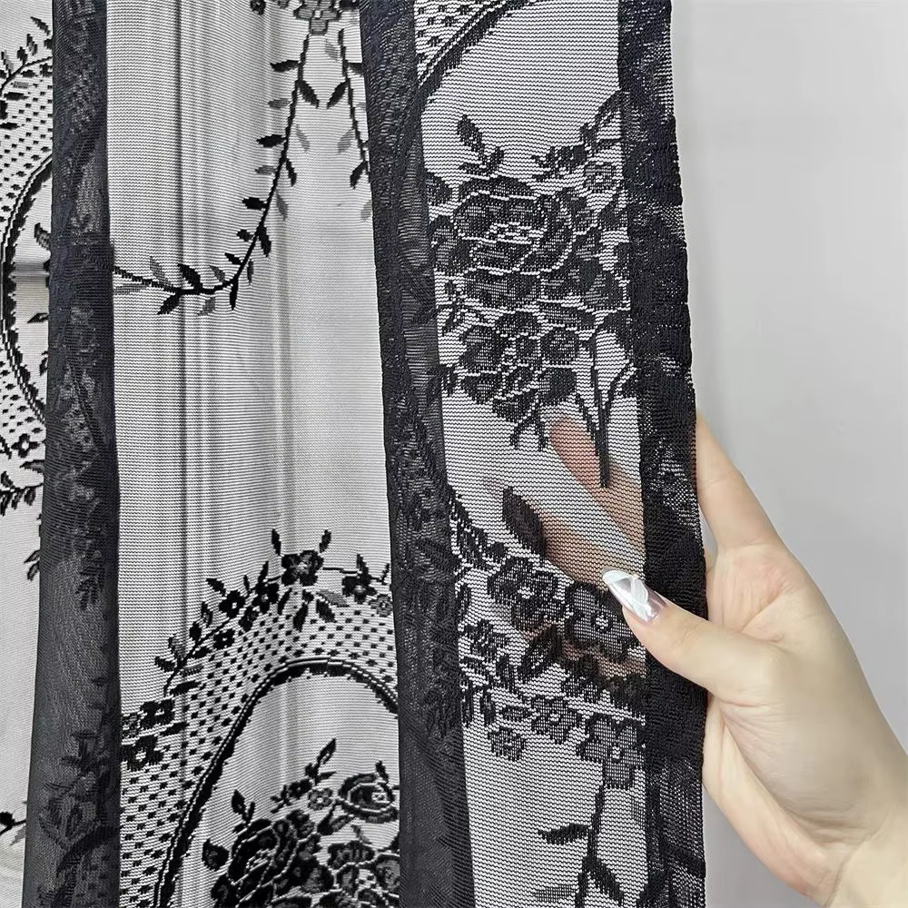 Rideau transparent en dentelle noire élégante, 1 pièce, avec miroir brodé, Design Floral, Simple, à 