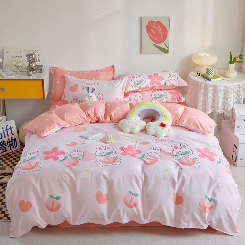 Housse de couette toutes saisons 1 pièce: rose, lapin/pêche/fleur, "lapin", respectueuse de la peau,