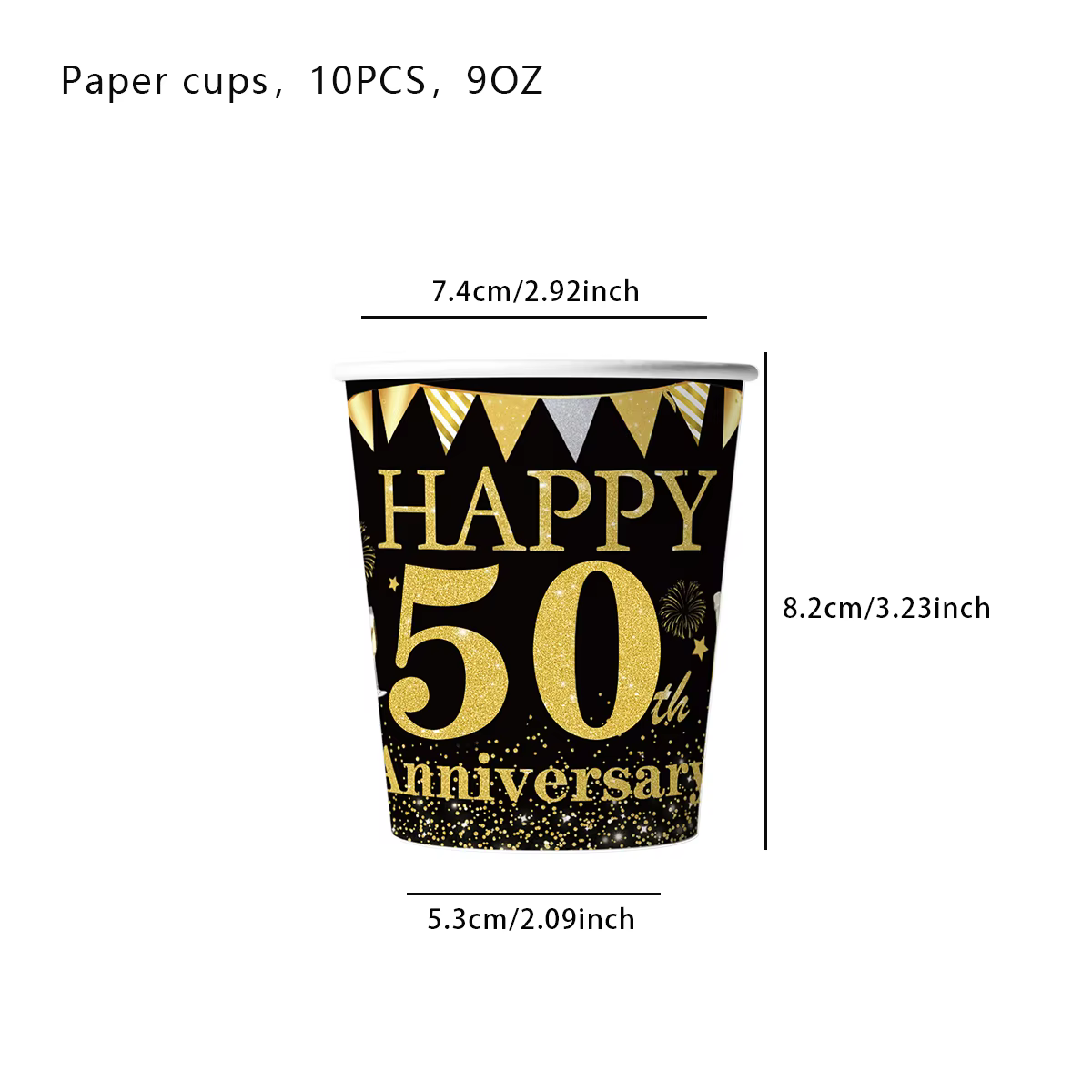 Fournitures de table de fête joyeux 50e anniversaire, thème noir et or, serviettes minérales, gobele