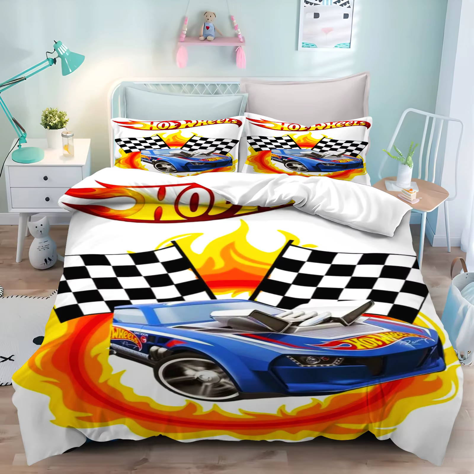 Housse de couette et taies d'oreiller Hot Wheels pour chambre d'adulte et enfant, ensemble de literi