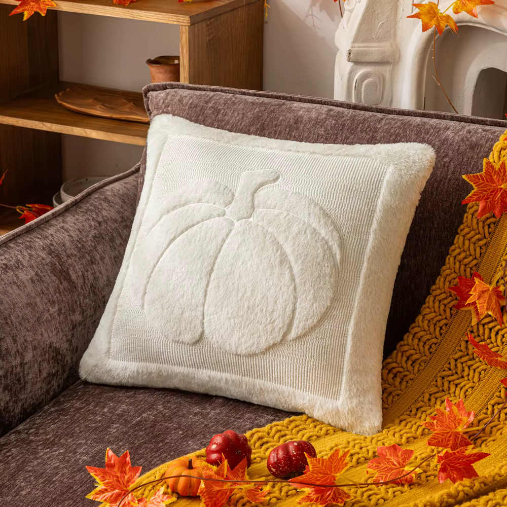 Housse de coussin en peluche, Festival de la récolte, Thanksgiving, citrouille, feuille d'érable, ta