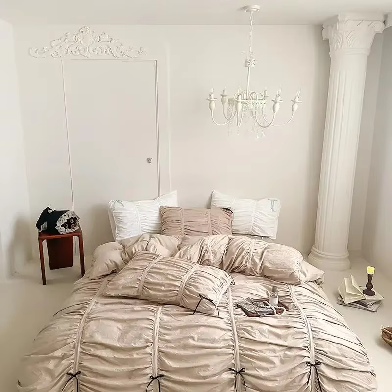 Parure de lit plissée à volants blanche en coton et microfibre pour lit double, queen, king, twin, a