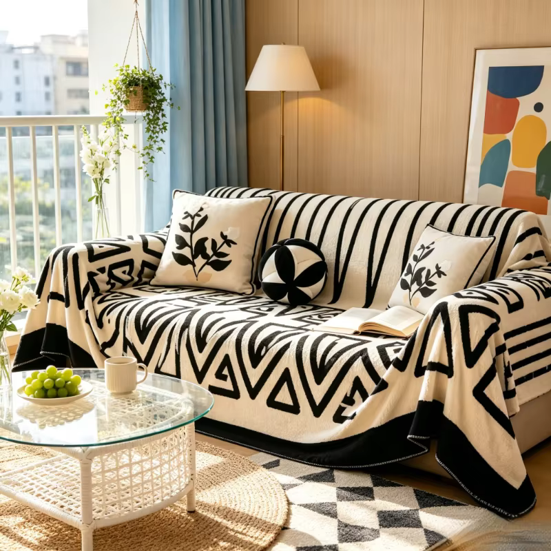 Couverture de canapé bohème noir et blanc 180x230cm, housse en flanelle douce antidérapante, jeté du