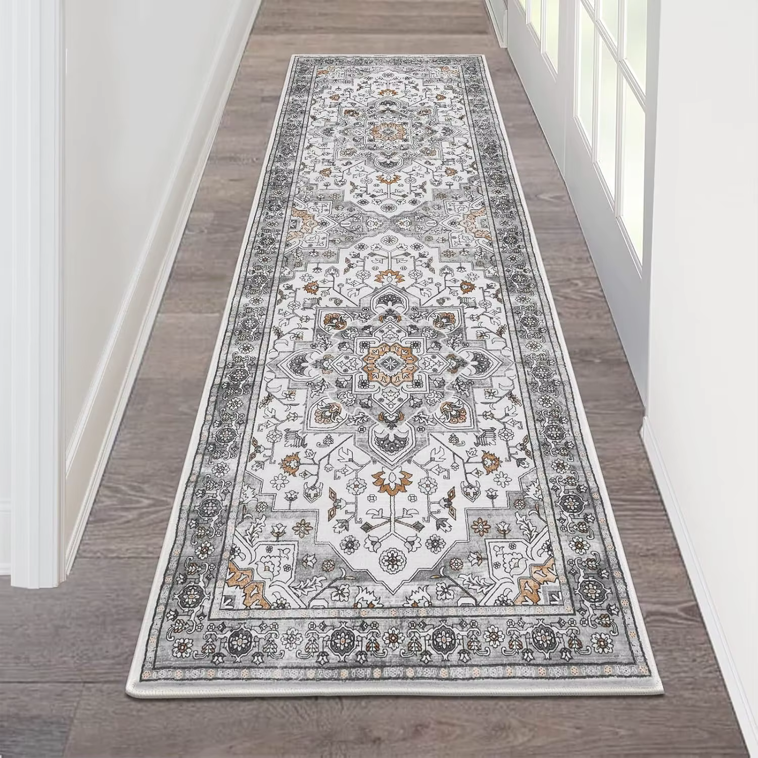 Tapis gris style palais VIKAMA, durable et résistant aux taches, tapis de couloir, tapis de cuisine 