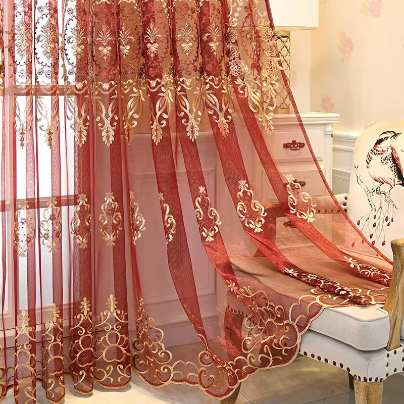Rideaux transparents brodés de luxe pour chambre à coucher, Tulle Floral Jacquard bleu Royal or pour