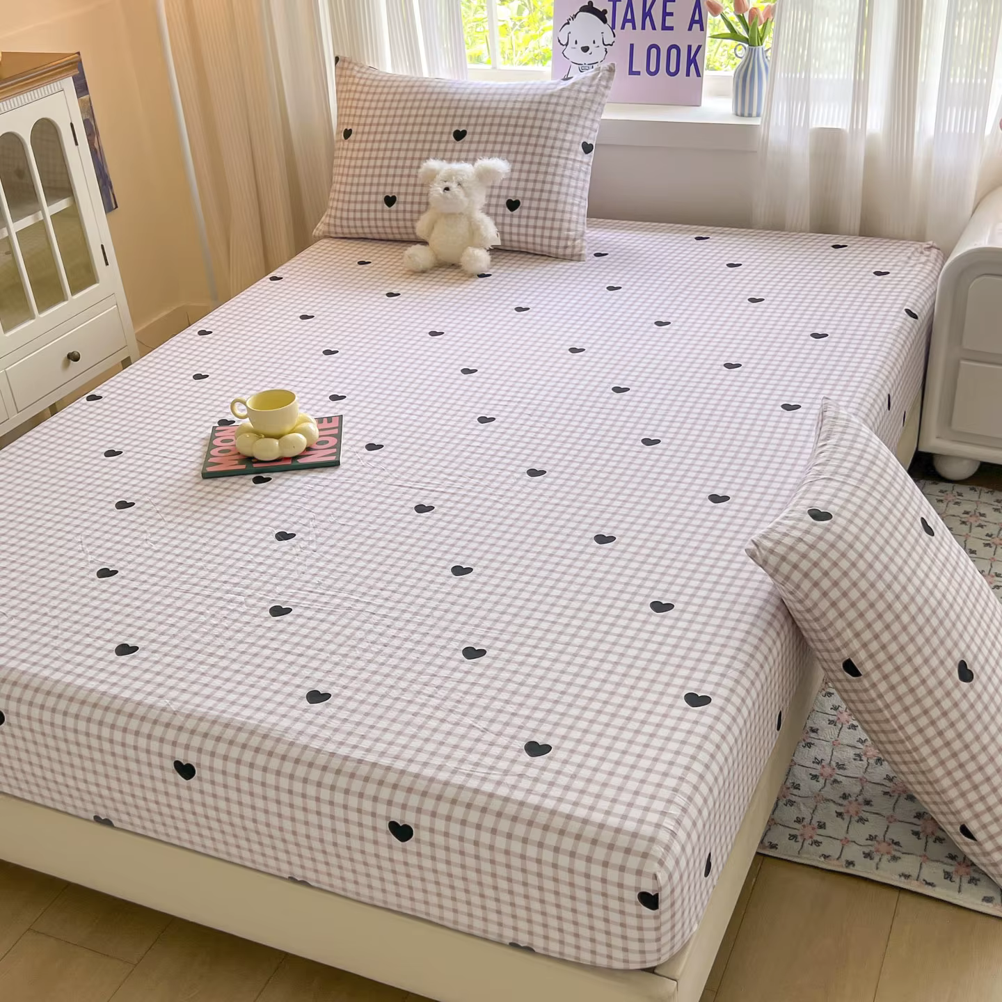Ensemble de draps de lit rayés, drap-housse, couvre-lit antidérapant avec bande élastique, housse de