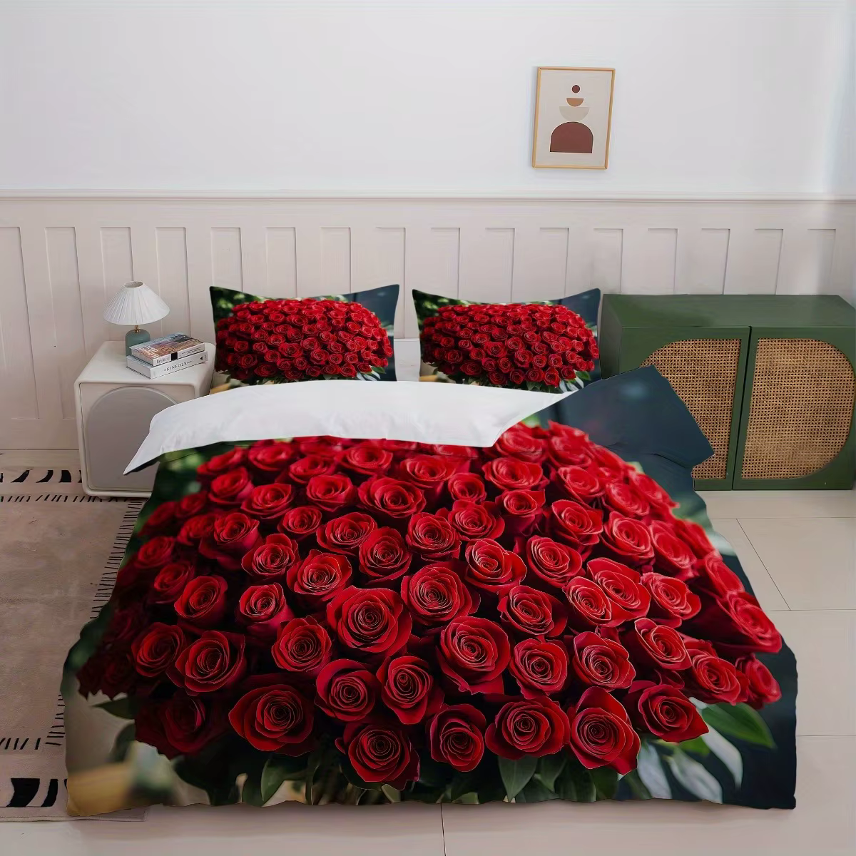 Parure de lit Roses rouges, housse de couette imprimée en 3D, ensemble de lit doux simple, Double, Q