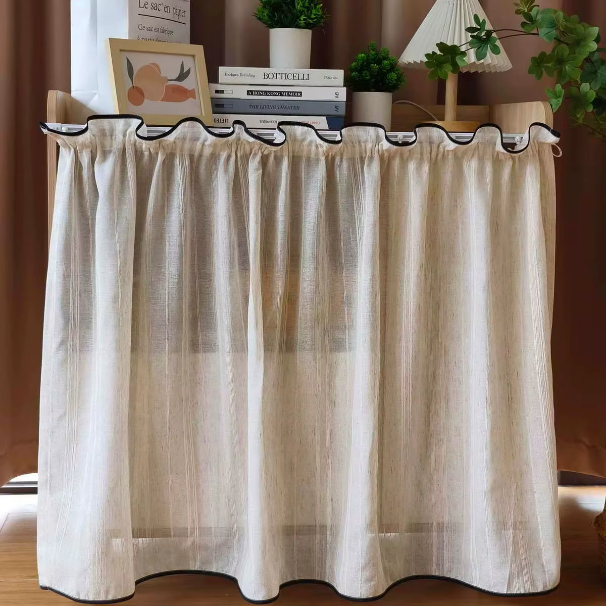Rideaux transparents à rayures beiges japonais avec bordure noire, demi-rideau court Tyys pour cuisi