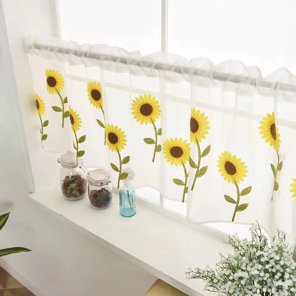 Rideau de cantonnière transparent, cantonnière en voile de traitement de fenêtre brodée de feuilles