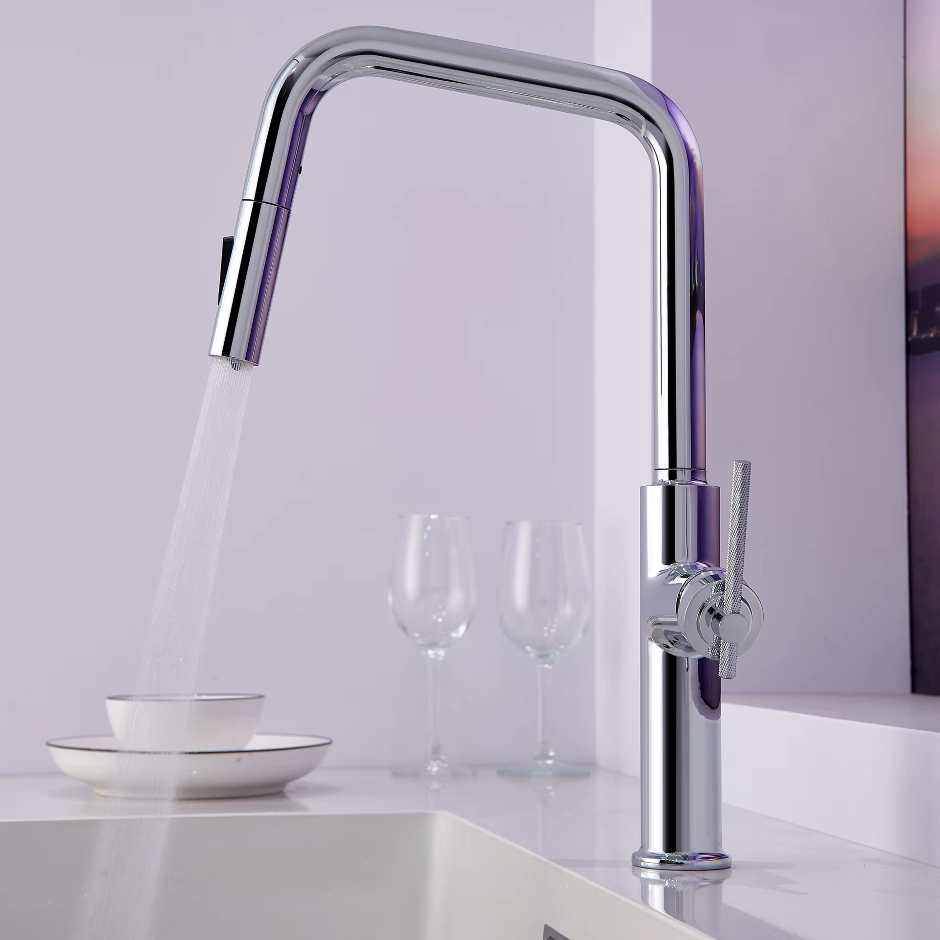 Robinet de cuisine extractible en or Rose brossé, robinet d'évier multifonction pour eau froide et c