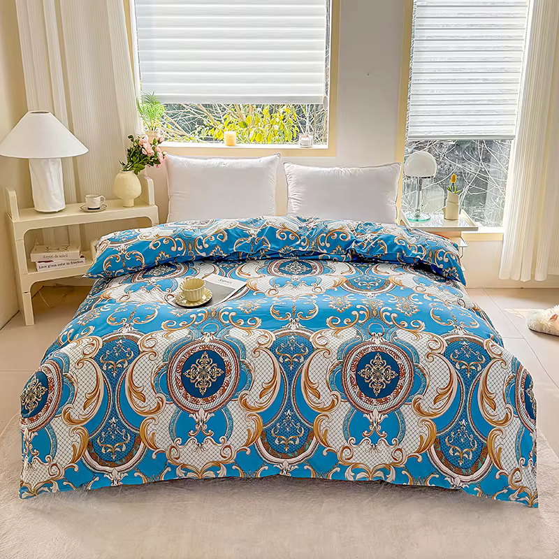Housse de couette imprimée baroque sarcelle, literie à motif d'ornement doré et blanc pour décoratio