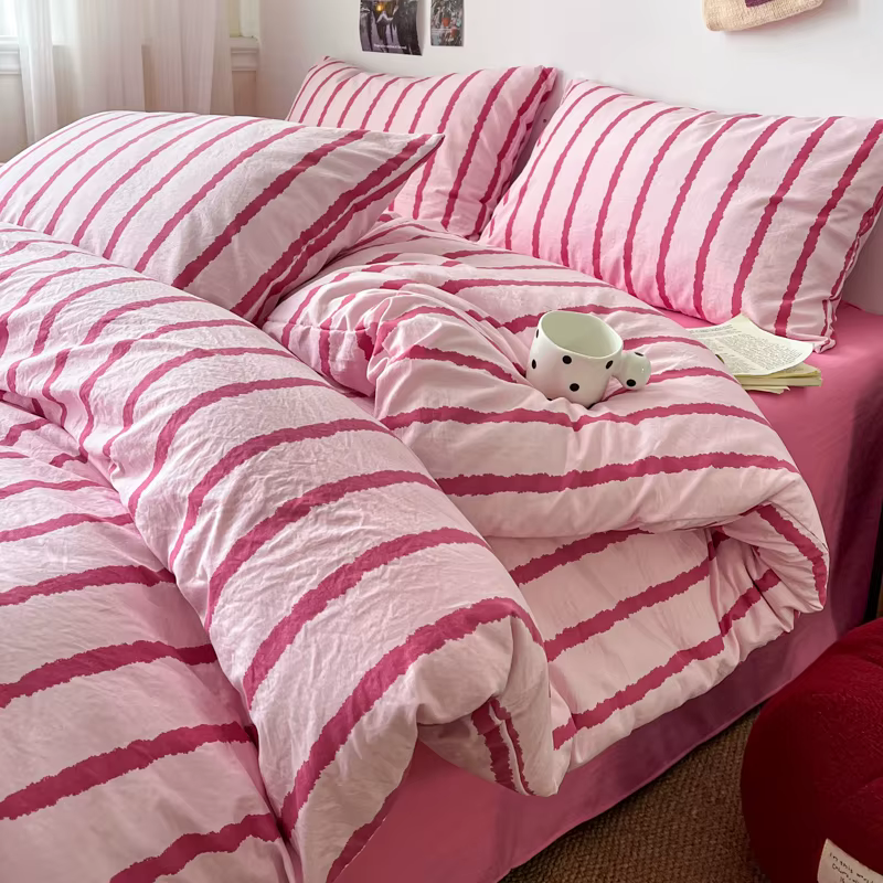 Housse de couette rayée rose, taille simple/double/queen, housse de couette confortable pour adultes