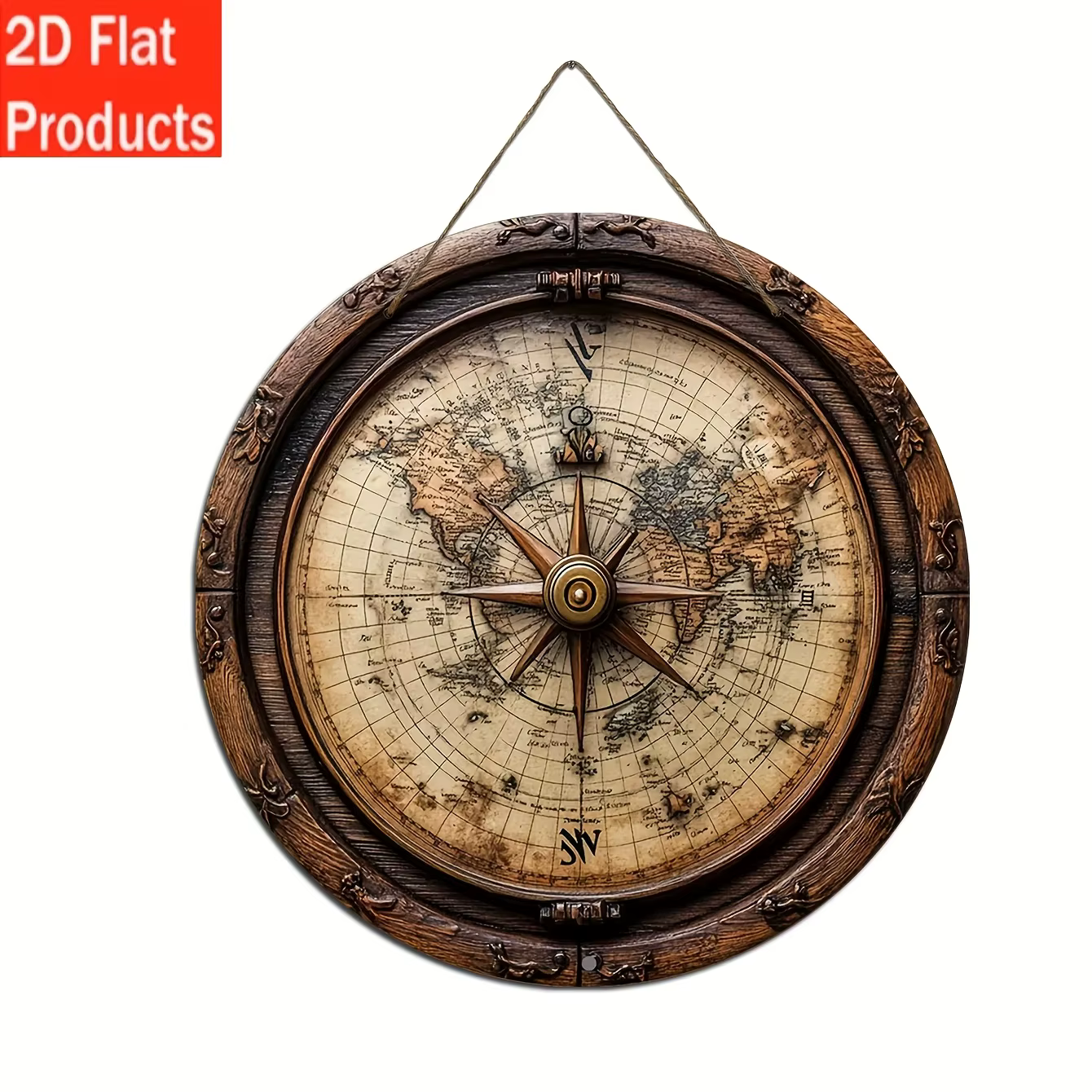 Carte du monde nautique vintage, art mural en bois, plaque ronde en bois de 8x8 pouces avec boussole