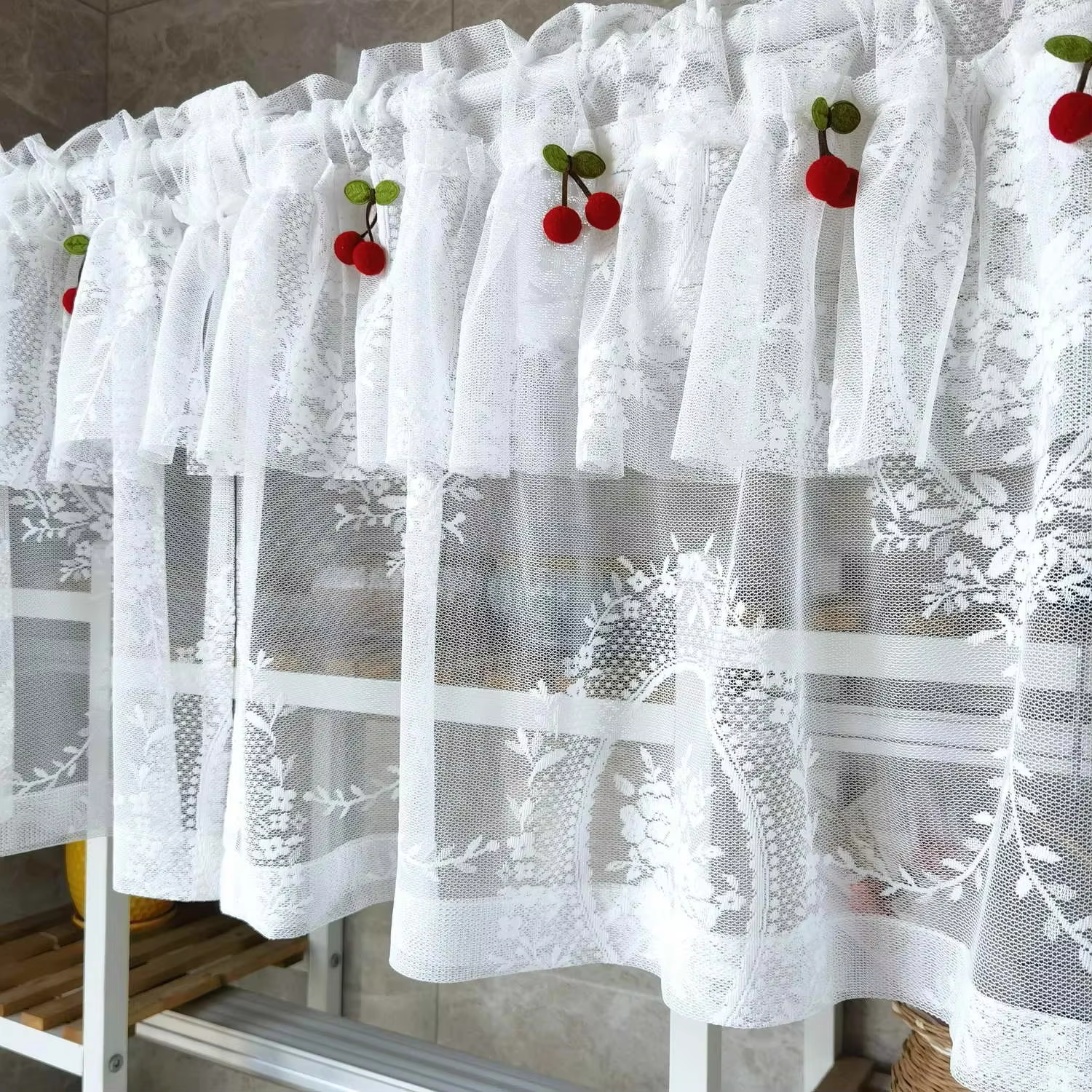 Rideau Double court en Tulle blanc, pour cuisine, chambre à coucher, salon, demi-rideaux cerise, por
