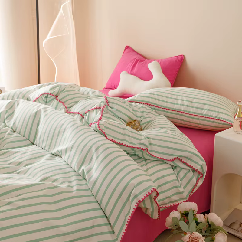 Ensemble de literie INS pour filles, drap de lit rayé en coton doux lavé, ensemble de couette Queen 