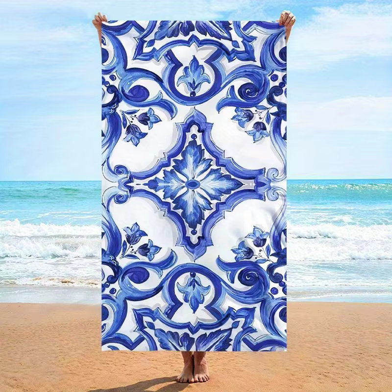 Serviette de plage à motif imprimé Floral bleu et blanc, Protection solaire et coupe-vent, adaptée à