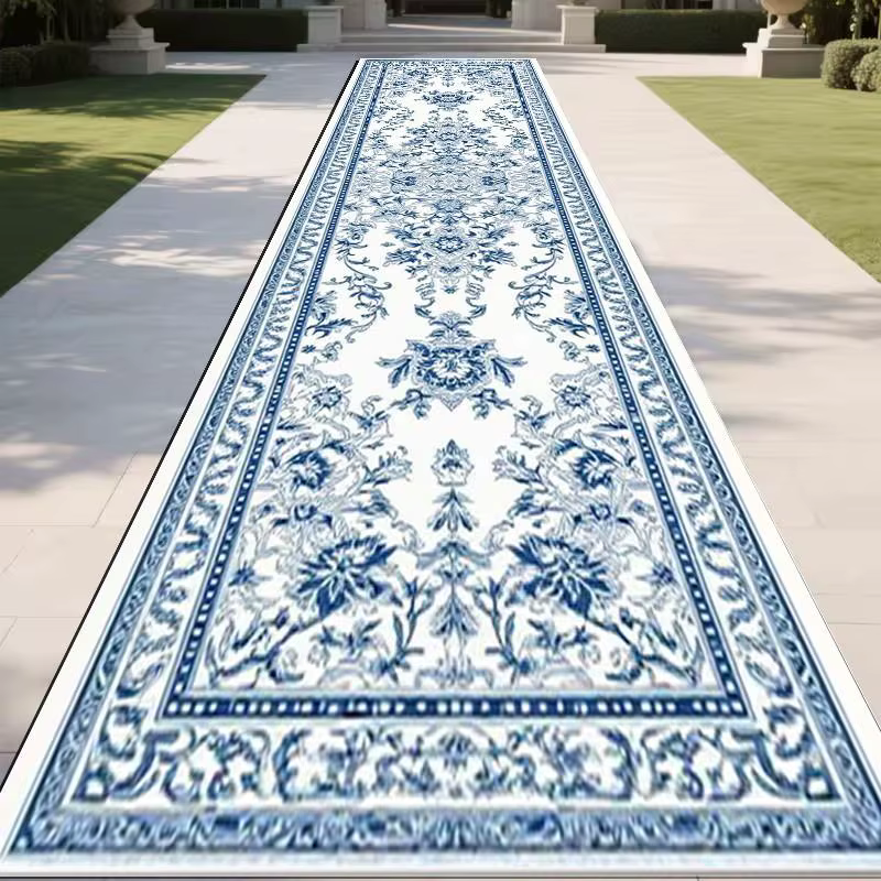 VIKAMA Tapis de couloir antidérapant en porcelaine bleue et blanche à imprimé floral, tapis de coulo