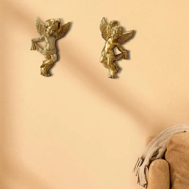 Pack 2 décorations murales d'ange en résine élégantes, fabriquées à main avec sculpture détaillée po