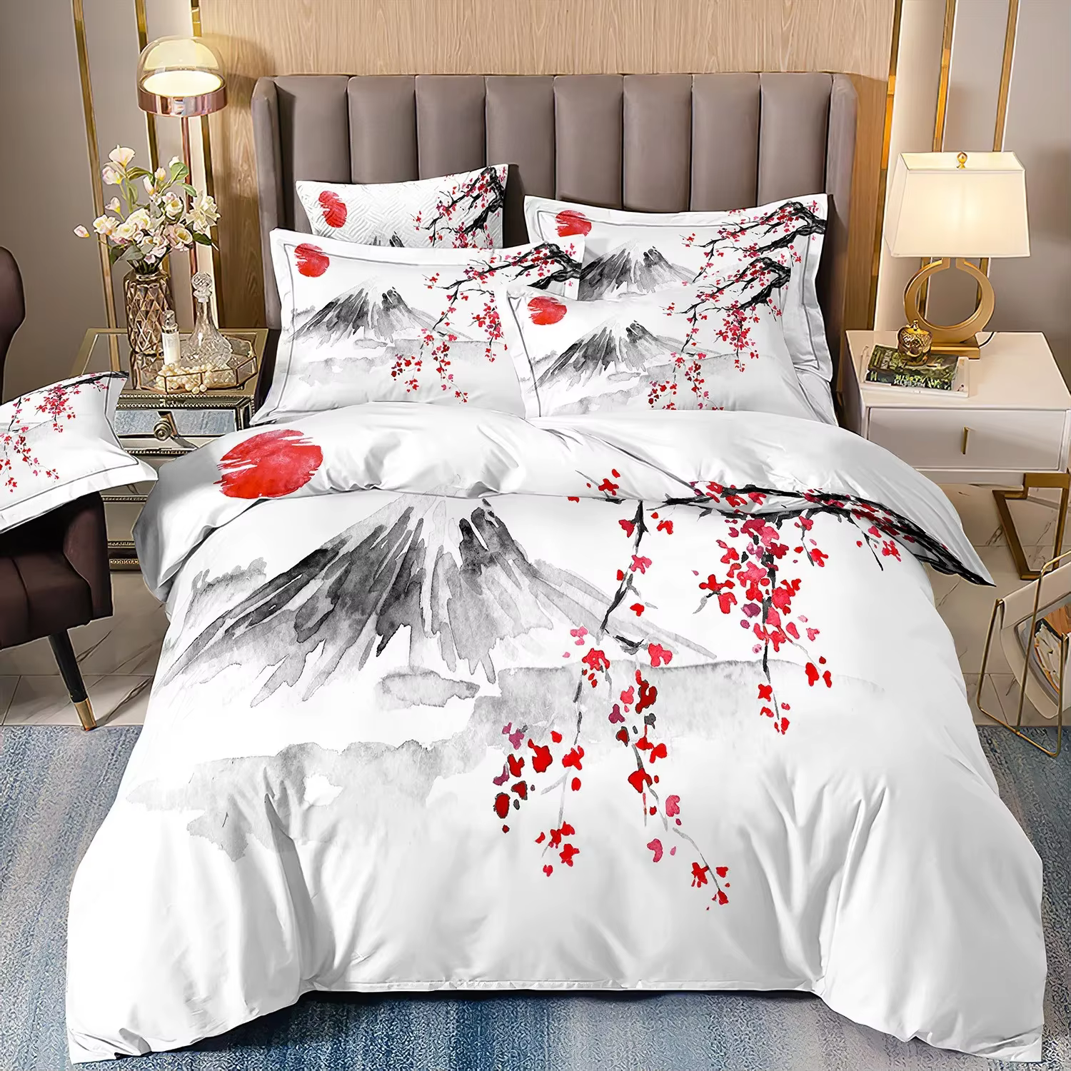 Housse de couette de Style japonais, ensemble de literie cerise, thème Ukiyo-e, motif ondulé, housse
