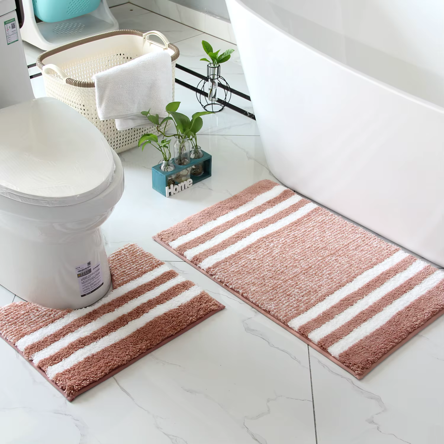 Ensemble de tapis de salle de bain en microfibre rayé, 2 pièces, imperméable, antidérapant et séchag