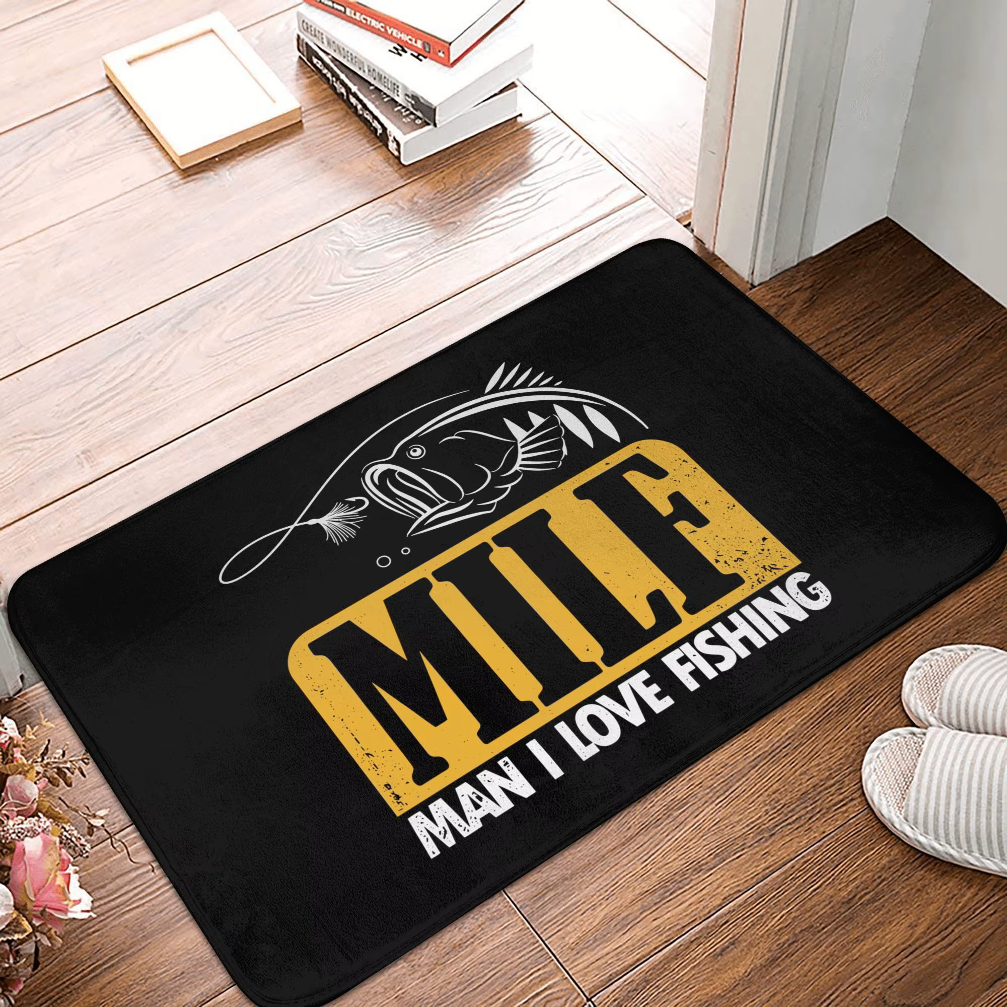 Tapis d'entrée extérieur Fishinger Carp Fish Fisherman pour porte d'entrée, salle de bain, cuisine, 