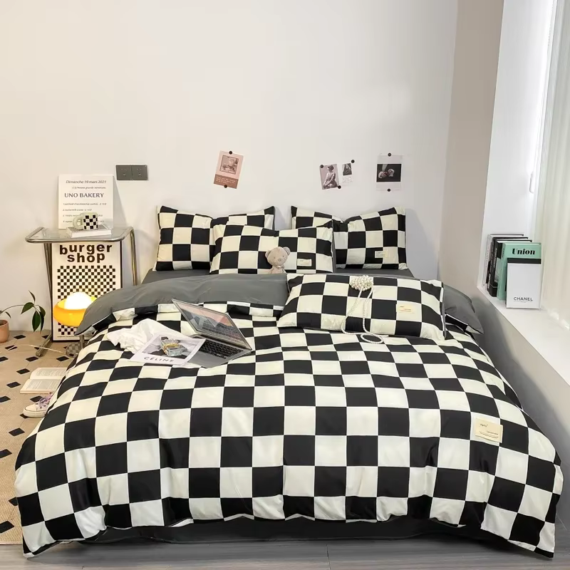 Parure de lit à carreaux noir et blanc, ensemble complet de literie à grille géométrique, housse de 
