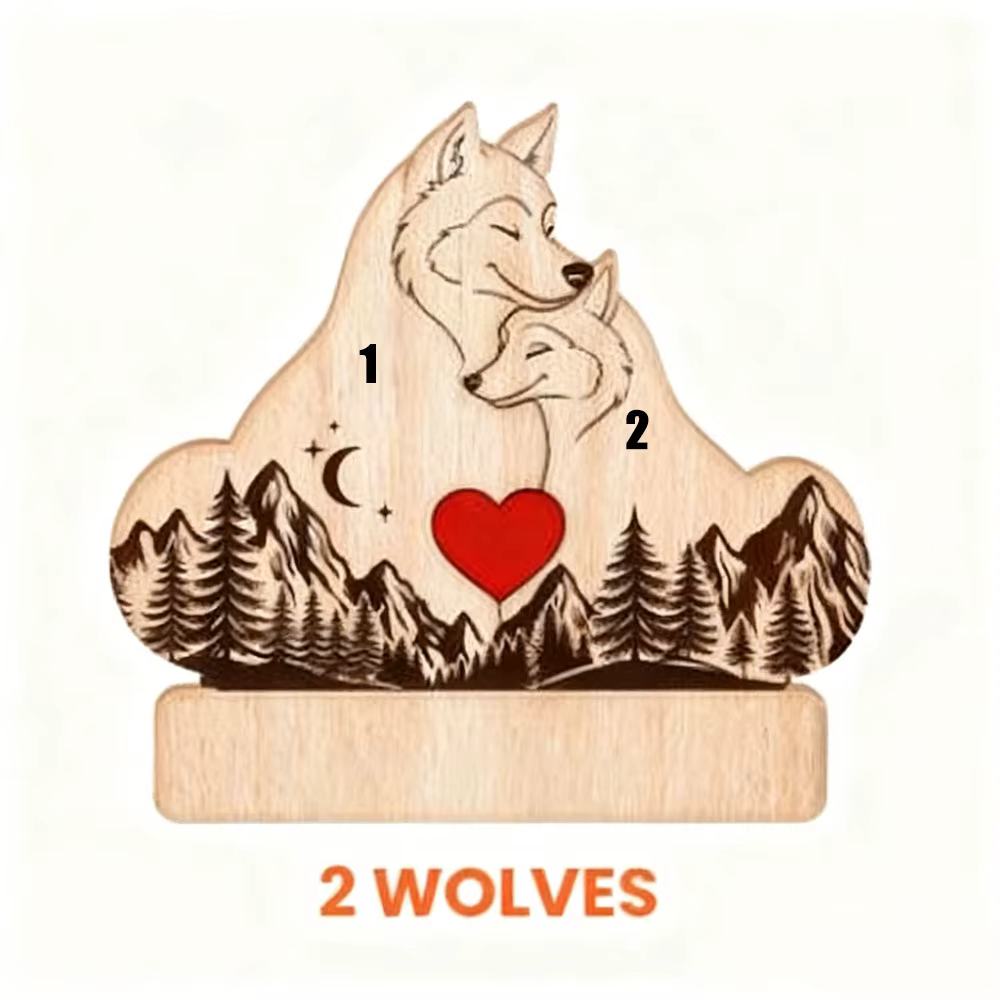 Puzzle familial de loup en bois personnalisé avec noms de famille entiers, décor personnalisé de sty