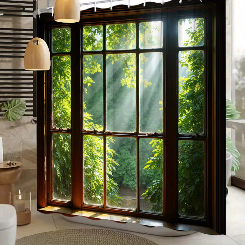 Rideau de douche avec vue sur fenêtre, forêt, verdure, faisceau de lumière du soleil, scène naturell