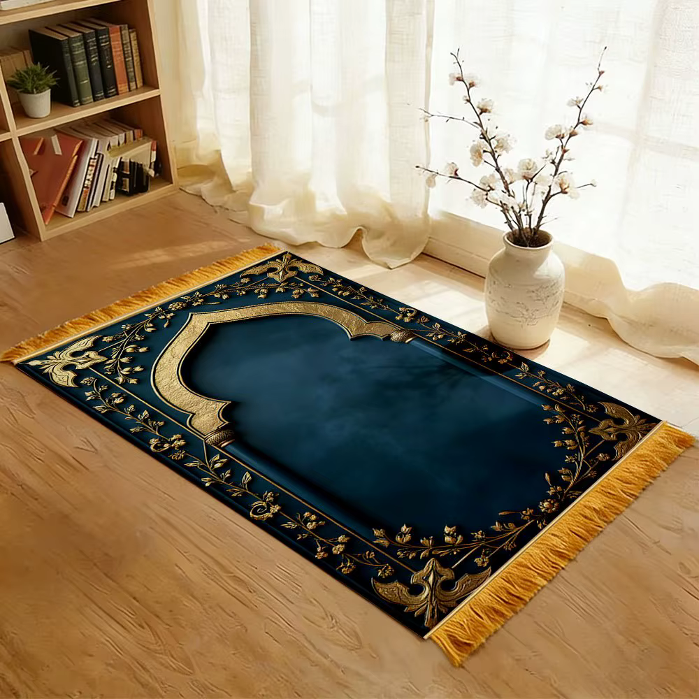 Tapis de prière musulman VIKAMA avec motif en arche, tapis de prière de voyage de luxe bleu et or, c