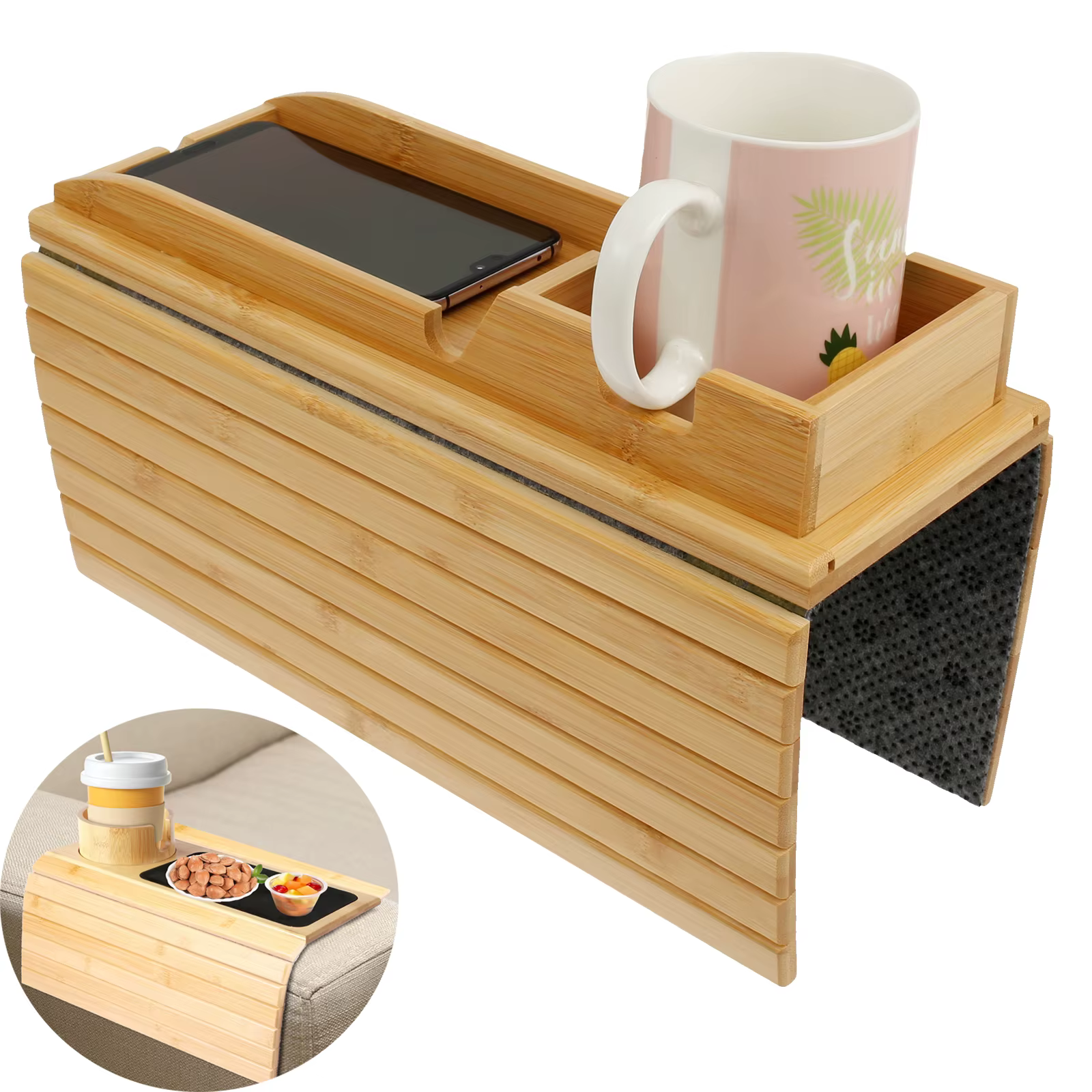 Porte-gobelet de canapé en bois de bambou, plateau d'accoudoir de canapé pliable, support de verre a