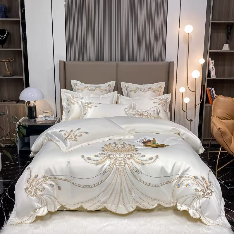 4/6 pièces blanc gris satin or broderie luxe Satin coton ensemble de literie Double reine roi housse