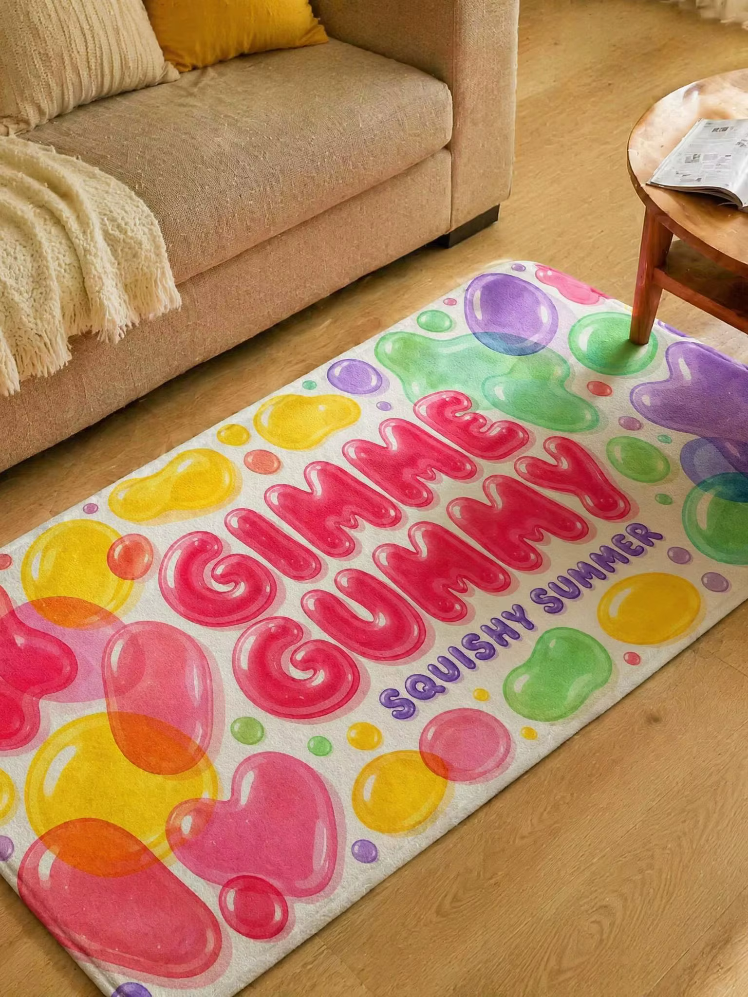 Tapis d'été souple et coloré à motif de bonbons gélifiés, tapis de sol mignon et kawaii pour salon, 