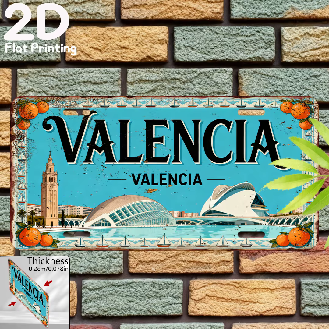 Plaque murale décorative vintage rustique en aluminium 2D, motif paysage orange « VALENCIA ESPAGNE »