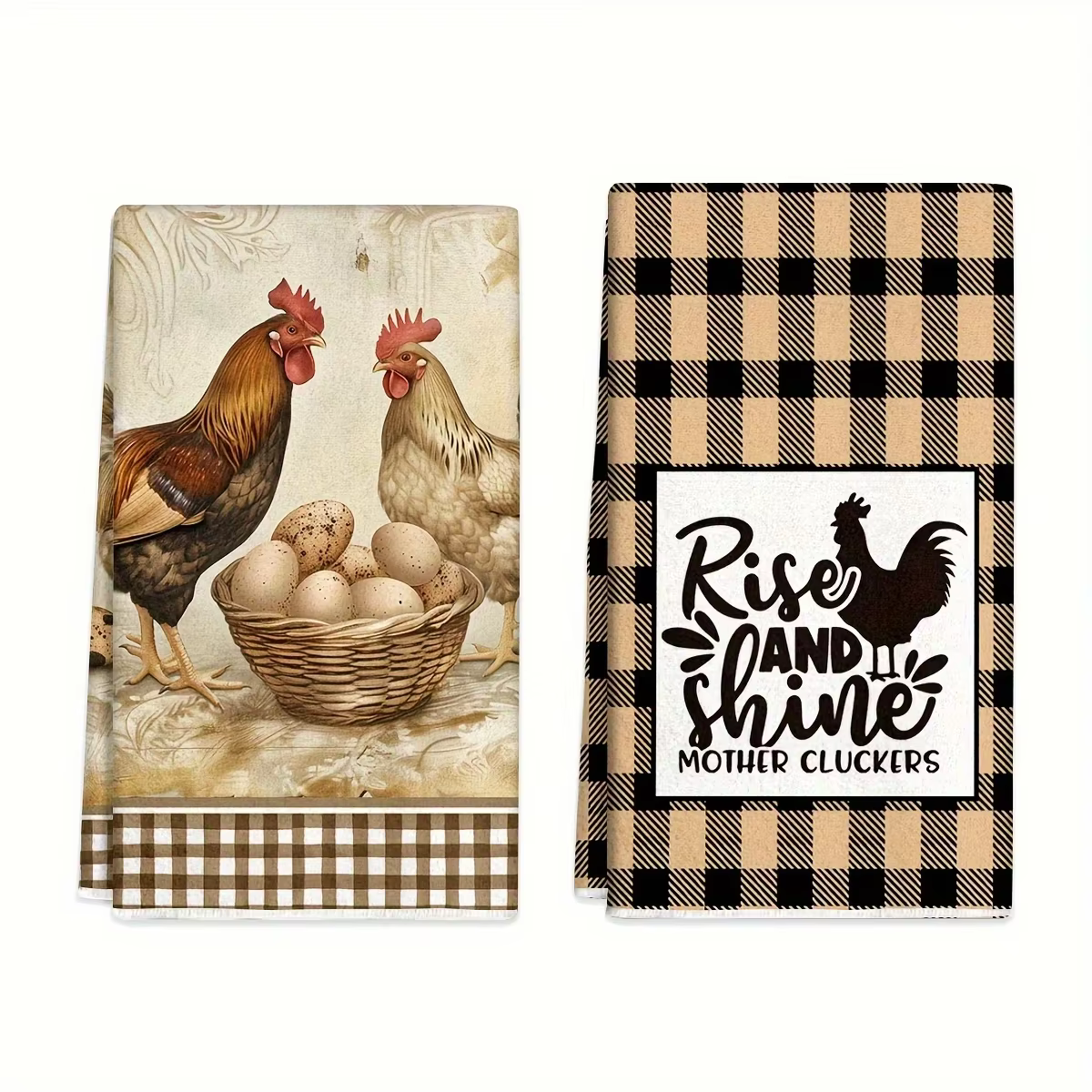 Lot de 2 serviettes rustiques avec imprimé motif œuf de poule à carreaux, serviettes à vaisselle, se